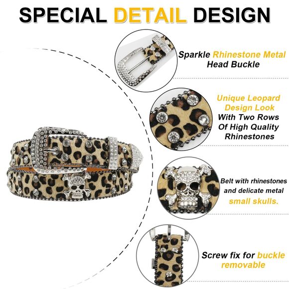 7777 Rhinestone Leopard Skull Belt Men Women Studded Punk main image 4